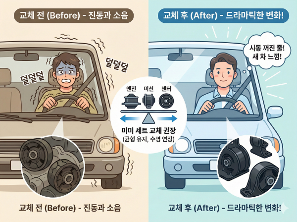 엔진 마운트 부품을 교체하는 정비사의 모습