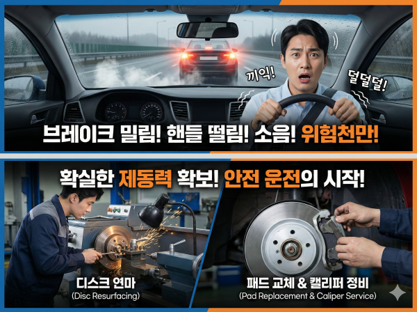 마모된 브레이크 디스크와 패드를 점검하는 모습